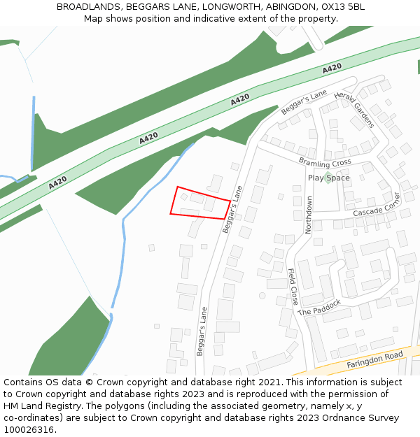 BROADLANDS, BEGGARS LANE, LONGWORTH, ABINGDON, OX13 5BL: Location map and indicative extent of plot