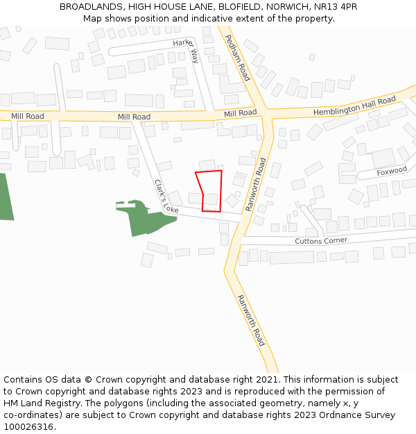 BROADLANDS, HIGH HOUSE LANE, BLOFIELD, NORWICH, NR13 4PR: Location map and indicative extent of plot