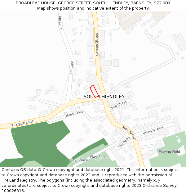 BROADLEAF HOUSE, GEORGE STREET, SOUTH HIENDLEY, BARNSLEY, S72 9BX: Location map and indicative extent of plot