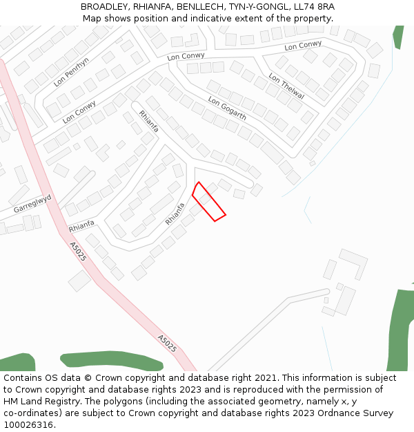 BROADLEY, RHIANFA, BENLLECH, TYN-Y-GONGL, LL74 8RA: Location map and indicative extent of plot