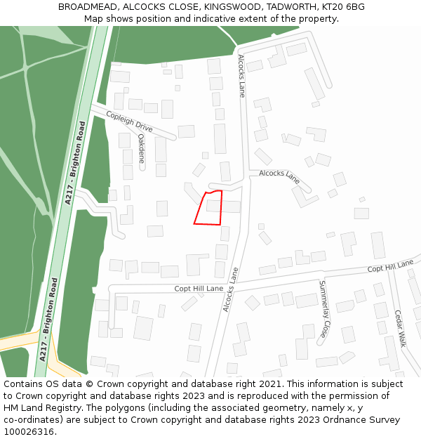 BROADMEAD, ALCOCKS CLOSE, KINGSWOOD, TADWORTH, KT20 6BG: Location map and indicative extent of plot