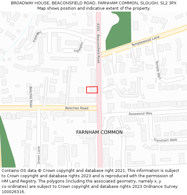 BROADWAY HOUSE, BEACONSFIELD ROAD, FARNHAM COMMON, SLOUGH, SL2 3PX: Location map and indicative extent of plot