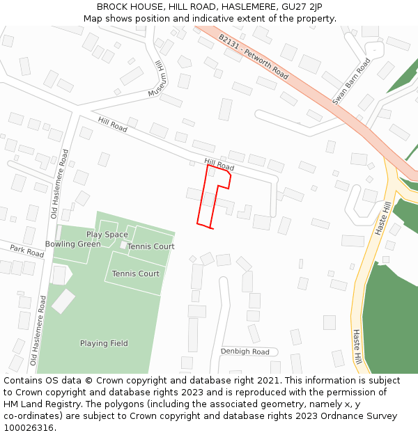 BROCK HOUSE, HILL ROAD, HASLEMERE, GU27 2JP: Location map and indicative extent of plot