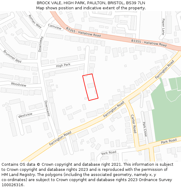 BROCK VALE, HIGH PARK, PAULTON, BRISTOL, BS39 7LN: Location map and indicative extent of plot