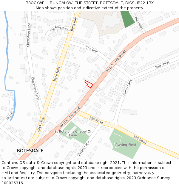 BROCKWELL BUNGALOW, THE STREET, BOTESDALE, DISS, IP22 1BX: Location map and indicative extent of plot