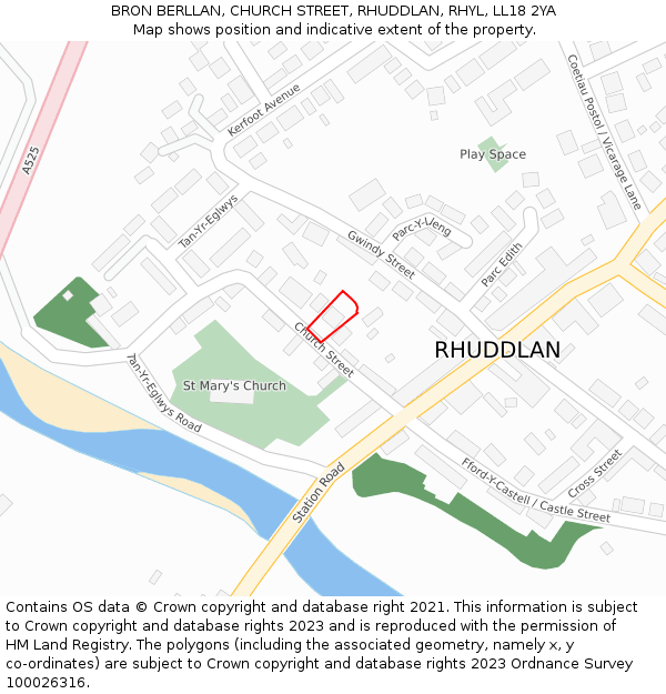 BRON BERLLAN, CHURCH STREET, RHUDDLAN, RHYL, LL18 2YA: Location map and indicative extent of plot