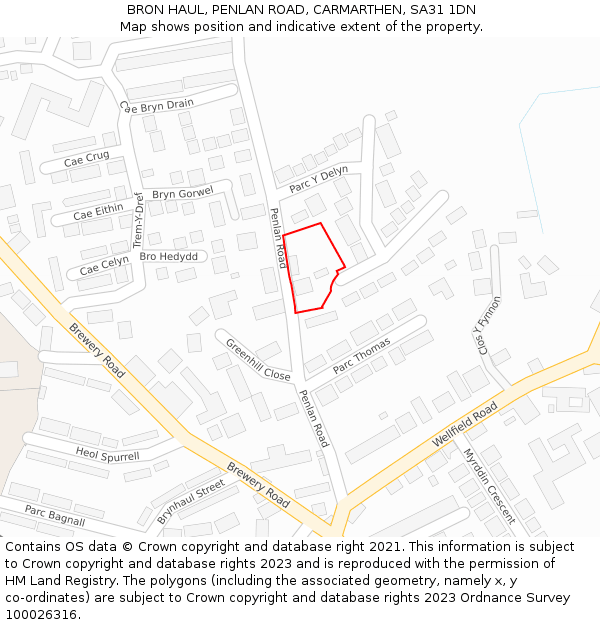 BRON HAUL, PENLAN ROAD, CARMARTHEN, SA31 1DN: Location map and indicative extent of plot