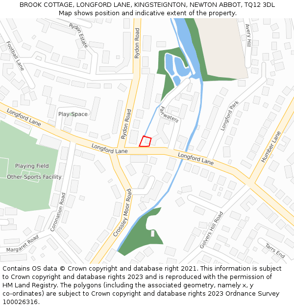 BROOK COTTAGE, LONGFORD LANE, KINGSTEIGNTON, NEWTON ABBOT, TQ12 3DL: Location map and indicative extent of plot