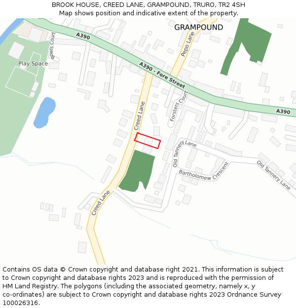 BROOK HOUSE, CREED LANE, GRAMPOUND, TRURO, TR2 4SH: Location map and indicative extent of plot