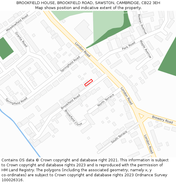 BROOKFIELD HOUSE, BROOKFIELD ROAD, SAWSTON, CAMBRIDGE, CB22 3EH: Location map and indicative extent of plot