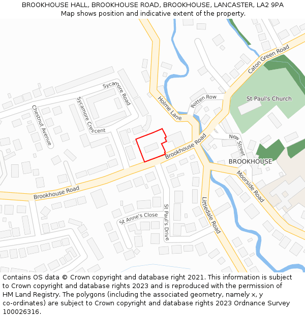 BROOKHOUSE HALL, BROOKHOUSE ROAD, BROOKHOUSE, LANCASTER, LA2 9PA: Location map and indicative extent of plot