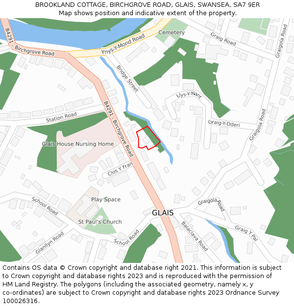 BROOKLAND COTTAGE, BIRCHGROVE ROAD, GLAIS, SWANSEA, SA7 9ER: Location map and indicative extent of plot