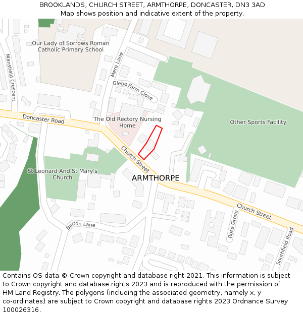 BROOKLANDS, CHURCH STREET, ARMTHORPE, DONCASTER, DN3 3AD: Location map and indicative extent of plot