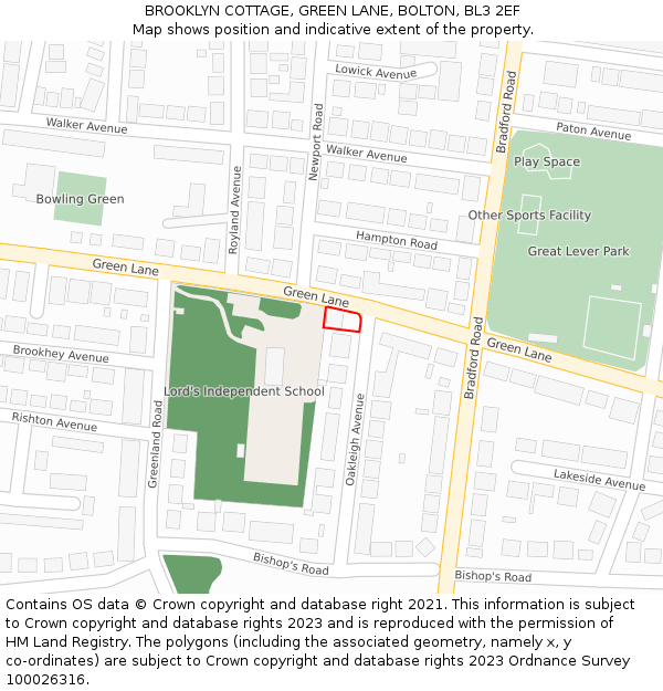 BROOKLYN COTTAGE, GREEN LANE, BOLTON, BL3 2EF: Location map and indicative extent of plot