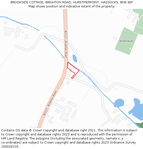 BROOKSIDE COTTAGE, BRIGHTON ROAD, HURSTPIERPOINT, HASSOCKS, BN6 9EF: Location map and indicative extent of plot