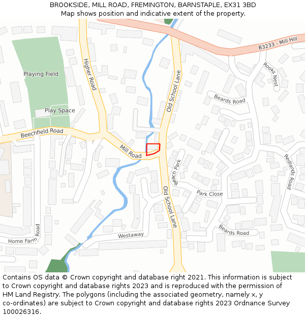 BROOKSIDE, MILL ROAD, FREMINGTON, BARNSTAPLE, EX31 3BD: Location map and indicative extent of plot