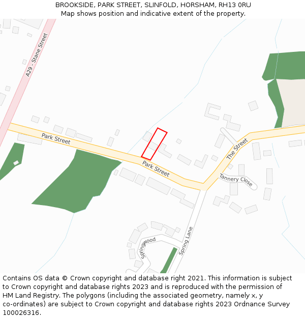 BROOKSIDE, PARK STREET, SLINFOLD, HORSHAM, RH13 0RU: Location map and indicative extent of plot