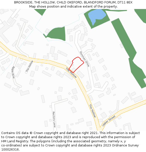 BROOKSIDE, THE HOLLOW, CHILD OKEFORD, BLANDFORD FORUM, DT11 8EX: Location map and indicative extent of plot
