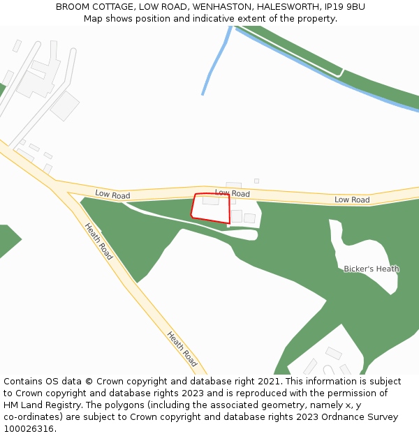 BROOM COTTAGE, LOW ROAD, WENHASTON, HALESWORTH, IP19 9BU: Location map and indicative extent of plot