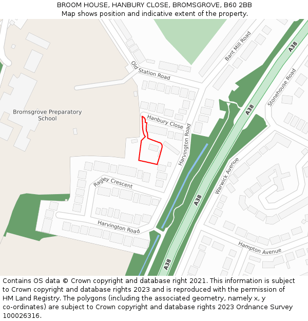 BROOM HOUSE, HANBURY CLOSE, BROMSGROVE, B60 2BB: Location map and indicative extent of plot