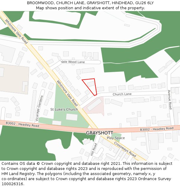 BROOMWOOD, CHURCH LANE, GRAYSHOTT, HINDHEAD, GU26 6LY: Location map and indicative extent of plot