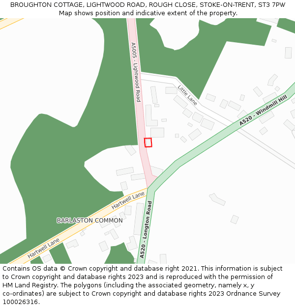 BROUGHTON COTTAGE, LIGHTWOOD ROAD, ROUGH CLOSE, STOKE-ON-TRENT, ST3 7PW: Location map and indicative extent of plot