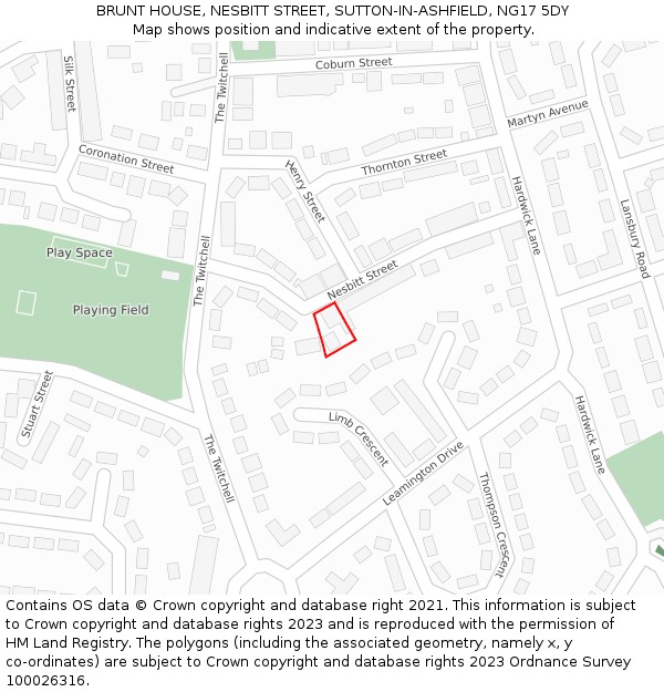 BRUNT HOUSE, NESBITT STREET, SUTTON-IN-ASHFIELD, NG17 5DY: Location map and indicative extent of plot