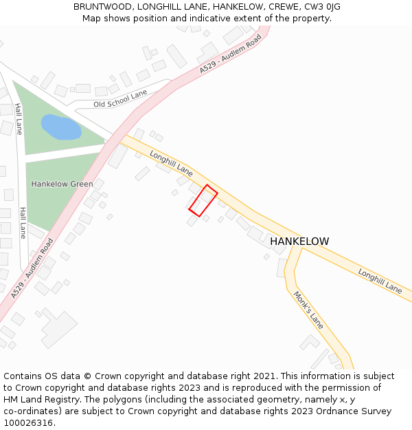 BRUNTWOOD, LONGHILL LANE, HANKELOW, CREWE, CW3 0JG: Location map and indicative extent of plot