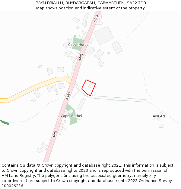 BRYN BRIALLU, RHYDARGAEAU, CARMARTHEN, SA32 7DR: Location map and indicative extent of plot