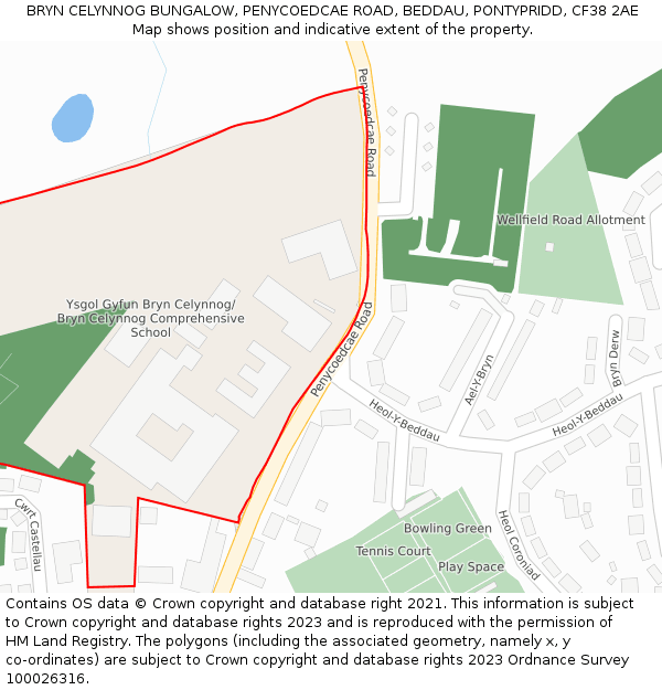 BRYN CELYNNOG BUNGALOW, PENYCOEDCAE ROAD, BEDDAU, PONTYPRIDD, CF38 2AE: Location map and indicative extent of plot