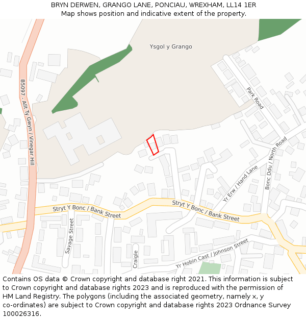 BRYN DERWEN, GRANGO LANE, PONCIAU, WREXHAM, LL14 1ER: Location map and indicative extent of plot