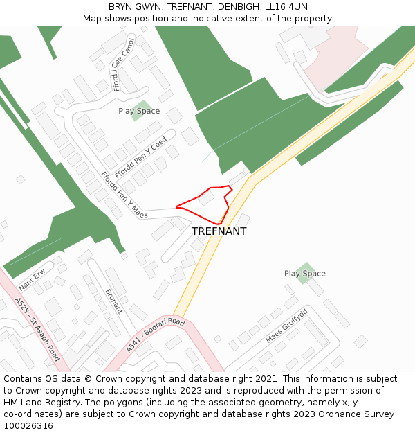 BRYN GWYN, TREFNANT, DENBIGH, LL16 4UN: Location map and indicative extent of plot