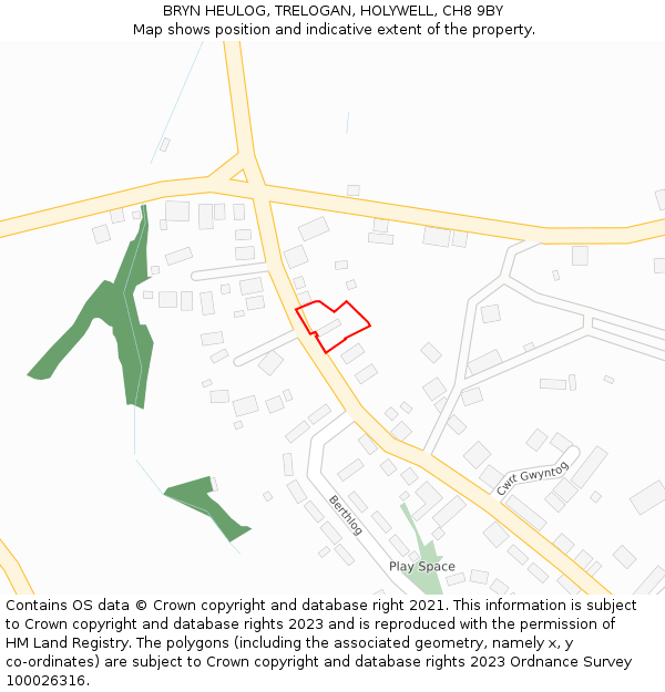 BRYN HEULOG, TRELOGAN, HOLYWELL, CH8 9BY: Location map and indicative extent of plot