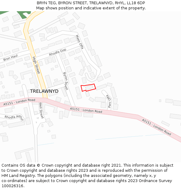 BRYN TEG, BYRON STREET, TRELAWNYD, RHYL, LL18 6DP: Location map and indicative extent of plot