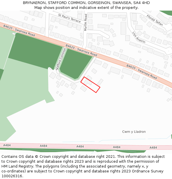 BRYNAERON, STAFFORD COMMON, GORSEINON, SWANSEA, SA4 4HD: Location map and indicative extent of plot