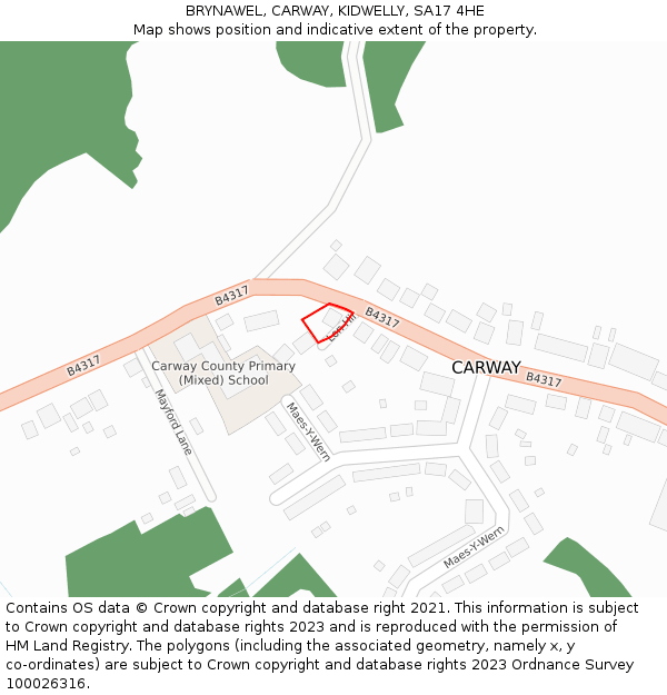 BRYNAWEL, CARWAY, KIDWELLY, SA17 4HE: Location map and indicative extent of plot