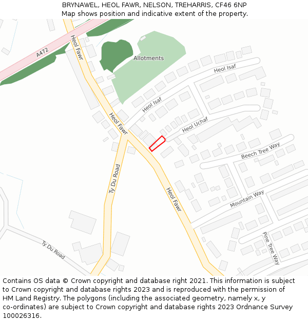 BRYNAWEL, HEOL FAWR, NELSON, TREHARRIS, CF46 6NP: Location map and indicative extent of plot