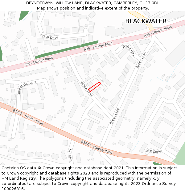 BRYNDERWYN, WILLOW LANE, BLACKWATER, CAMBERLEY, GU17 9DL: Location map and indicative extent of plot