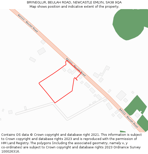 BRYNEGLUR, BEULAH ROAD, NEWCASTLE EMLYN, SA38 9QA: Location map and indicative extent of plot