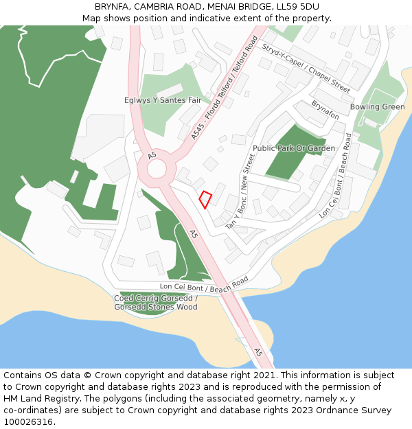 BRYNFA, CAMBRIA ROAD, MENAI BRIDGE, LL59 5DU: Location map and indicative extent of plot