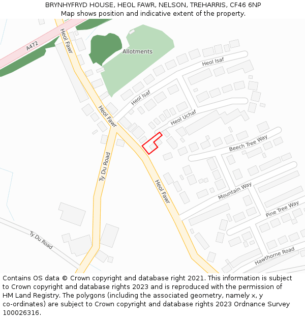 BRYNHYFRYD HOUSE, HEOL FAWR, NELSON, TREHARRIS, CF46 6NP: Location map and indicative extent of plot