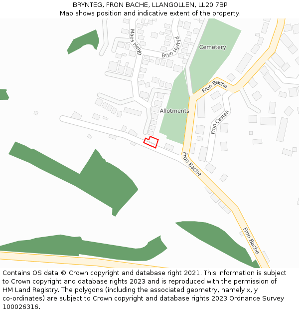 BRYNTEG, FRON BACHE, LLANGOLLEN, LL20 7BP: Location map and indicative extent of plot