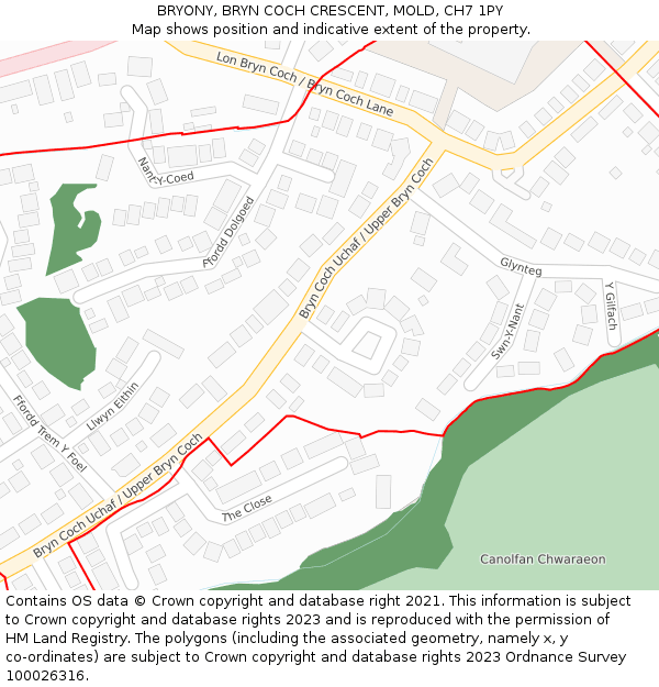 BRYONY, BRYN COCH CRESCENT, MOLD, CH7 1PY: Location map and indicative extent of plot
