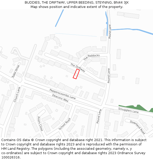 BUDDIES, THE DRIFTWAY, UPPER BEEDING, STEYNING, BN44 3JX: Location map and indicative extent of plot