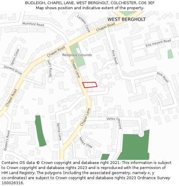 BUDLEIGH, CHAPEL LANE, WEST BERGHOLT, COLCHESTER, CO6 3EF: Location map and indicative extent of plot