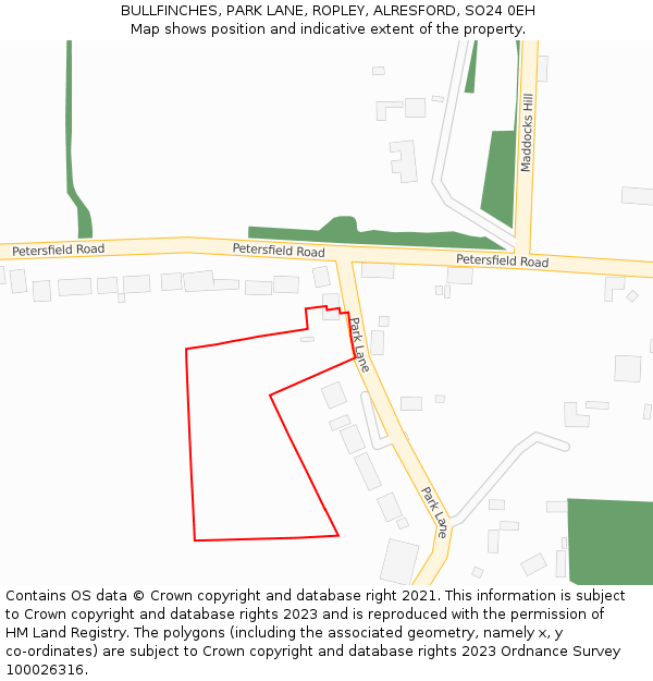 BULLFINCHES, PARK LANE, ROPLEY, ALRESFORD, SO24 0EH: Location map and indicative extent of plot