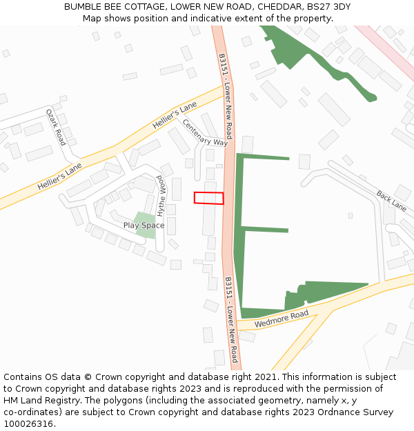 BUMBLE BEE COTTAGE, LOWER NEW ROAD, CHEDDAR, BS27 3DY: Location map and indicative extent of plot