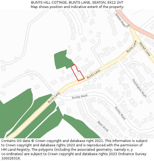 BUNTS HILL COTTAGE, BUNTS LANE, SEATON, EX12 2HT: Location map and indicative extent of plot