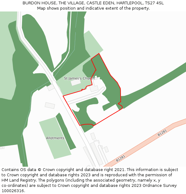 BURDON HOUSE, THE VILLAGE, CASTLE EDEN, HARTLEPOOL, TS27 4SL: Location map and indicative extent of plot