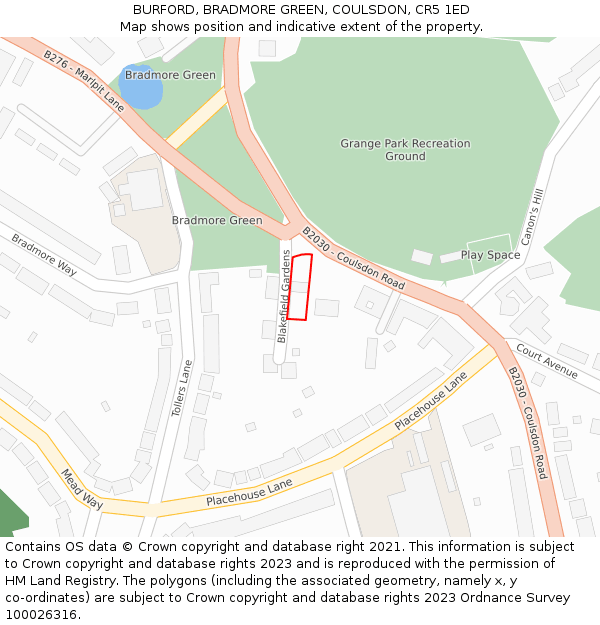 BURFORD, BRADMORE GREEN, COULSDON, CR5 1ED: Location map and indicative extent of plot